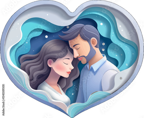 Heartfelt Embrace of Devotion: A couple nestled in an embrace of deep affection in a love-themed heart. Illustrating love and the bond shared, and a reminder of tenderness, commitment.