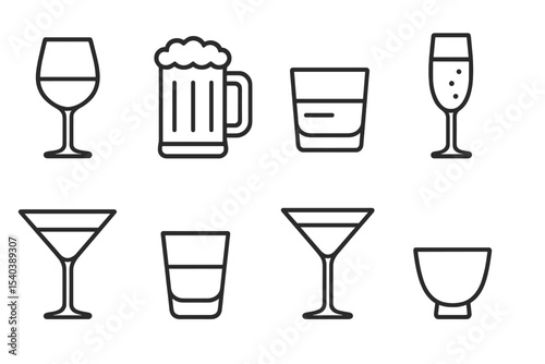 Iconic Drinkware Designs. Line style icons of alcoholic beverages: wine glass, beer mug, whiskey glass, champagne flute. cocktail