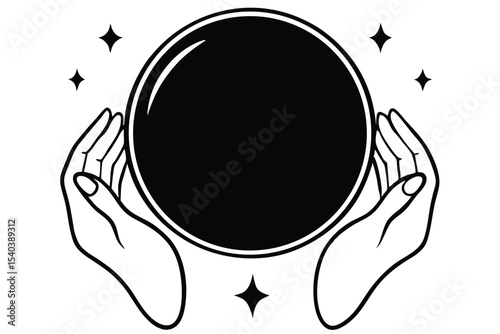 Female hands holding round black magic mirror line art vector