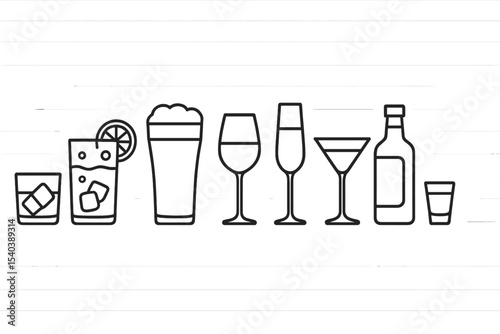 Bar Drink Icons. Line style icons of bar counter drinks: whiskey on rocks, gin and tonic, beer pint, red wine. champagne flute,