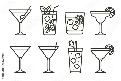 Classic Cocktails Icons. Line style icons of classic cocktails: martini, mojito, old fashioned, margarita. cosmopolitan, manhattan