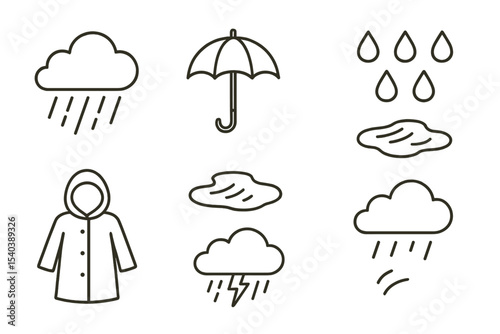 Rainy Weather Icons. Line style icons of rainy weather: rain cloud, umbrella, raindrops, wet ground. raincoat, puddle, thunder