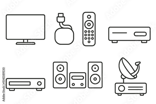 Entertainment Icons Collection. Line style icons of TV and entertainment: flat screen TV, streaming device, remote control,