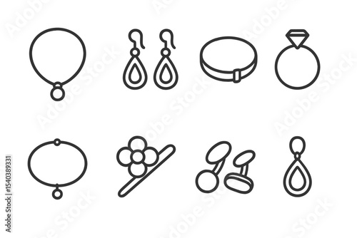 Jewelry Line Icons. Line style icons of jewelry: necklace, earrings, bracelet, ring. anklet, brooch, cufflinks, pendant.