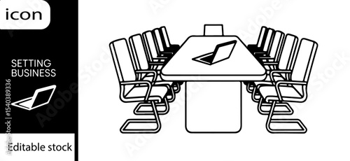 Illustration of a conference room setup with a large table chairs and a laptop on the table