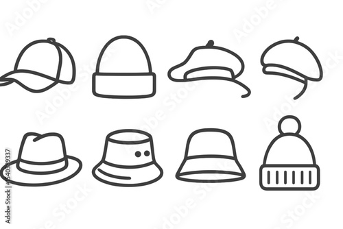 Headwear Line Icons. Line style icons of headwear: baseball cap, beanie, sun hat, beret. fedora, bucket hat, winter hat, helmet.