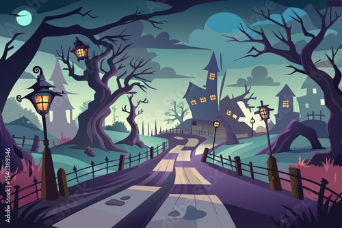 Spooky Halloween night with a haunted castle, full moon, and bats silhouetted against the dark sky