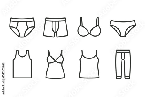 Underwear Line Icons. Line style icons of underwear: briefs, boxers, bra, panties. undershirt, lingerie, camisole, long johns.