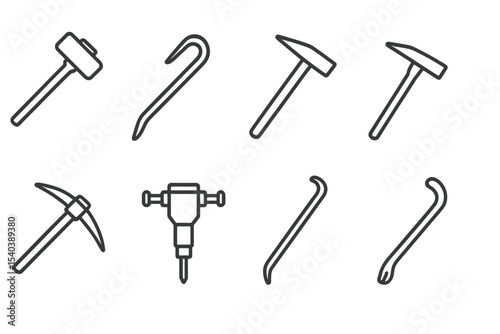 Demolition Tools Icons. Line style icons of demolition tools: sledgehammer, crowbar, wrecking bar, chipping hammer. pickaxe,