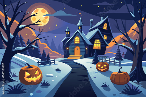 Spooky Halloween night with a haunted house, a scary pumpkin, and bats silhouetted against an orange moonlit autumn sky, perfect for a dark October celebration vector illustration