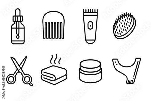 Beard Care Essentials. Line style icons of beard care: beard oil, beard comb, trimmer, beard brush. shaving scissors, hot towel,