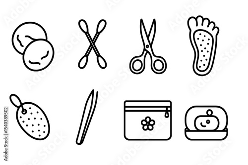 Hygiene Tools Icons. Line style icons of hygiene tools: cotton pads, Q-tips, nail scissors, foot scrubber. pumice stone, eyebrow