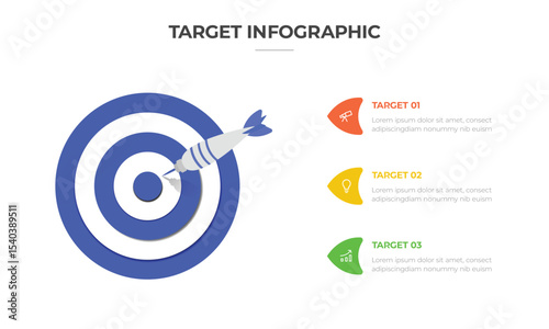 Target Infographic Template with Arrow Hitting Bullseye, Business Goals, Strategy, and Success Concept