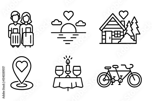 Romantic Travel Icons. Line style icons of romantic travel: couple luggage, sunset view, love lock bridge, cozy cabin. heart map