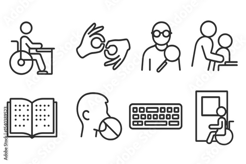 Inclusive Education Icons. Line style icons of inclusive education: wheelchair student, sign language icon, visual aid, learning
