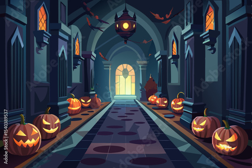 Halloween pumpkins and bats inside an ancient gothic cathedral