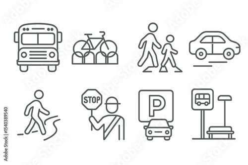 School Transport Icons. Line style icons of school transportation: school bus, bike rack, student crossing, car drop-off. walking