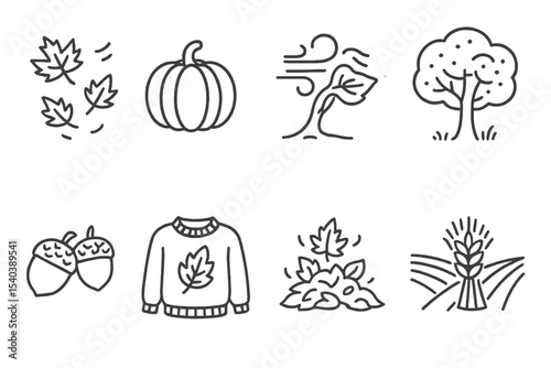Autumn Icon Set. Line style icons of autumn scenery: falling leaves, pumpkin, windy tree, orange canopy. acorns, sweater weather,