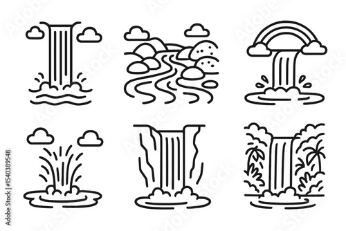 Waterfall Line Icons. Line style icons of waterfall settings: tall waterfall, stream, mossy rocks, pool at base. splashing water,
