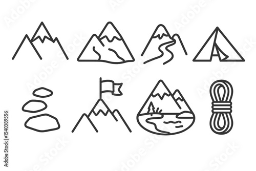 Line Style Mountain Icons. Line style icons of mountain scenery: mountain peak, snowcap, hiking trail, camp tent. rock path,