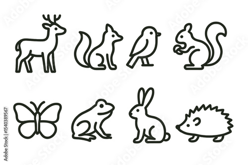Line Style Fauna Icons. Line style icons of fauna in nature: deer, fox, bird, squirrel. butterfly, frog, rabbit, hedgehog.