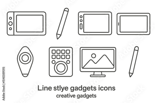 Creative Gadget Icons. Line style icons of creative gadgets: digital drawing tablet, stylus pen, graphic tablet, LED tracing board