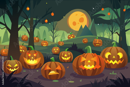Spooky Halloween night background with evil pumpkin lanterns, bats, and a dark, scary autumn design