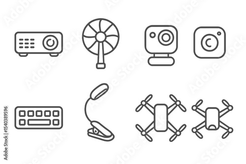 Line Icons Gadgets. Line style icons of portable gadgets: mini projector, foldable fan, compact speaker, wearable camera.