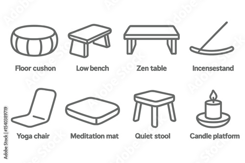Meditation Furniture Icons. Line style icons of meditation furniture: floor cushion, low bench, Zen table, incense stand. yoga