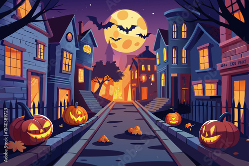 Spooky Halloween night with a haunted house, pumpkins, and bats under an orange moon, perfect for a dark autumn celebration vector illustration