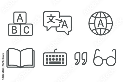 Language Icon Set. Line style icons of languages and writing: ABC blocks, translation icon, speech bubble, language globe. open