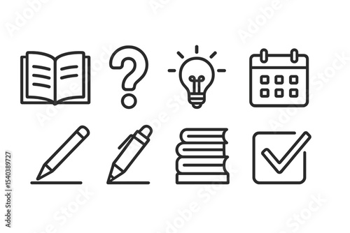 Homework Line Icons. Line style icons of homework and assignments: open notebook, question mark, light bulb idea, calendar. pen