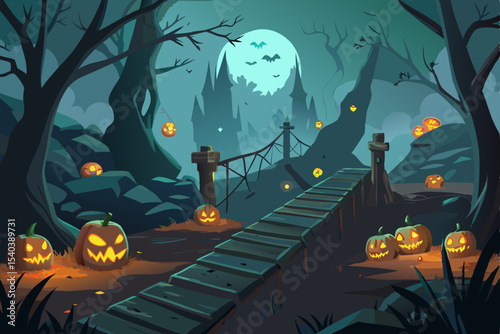 Spooky Halloween night with a haunted house, full moon, flying bats, and scary pumpkins under an autumn tree