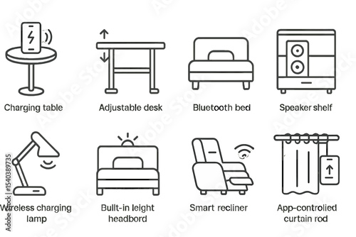 Smart Furniture Icons. Line style icons of smart furniture: charging table, adjustable desk, Bluetooth bed, speaker shelf.