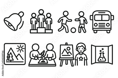 School Activity Icons. Line style icons of school activities: school bell, morning assembly, recess play, school bus. field trip,