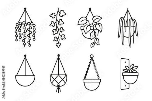 Hanging Plant Icons. Line style icons of hanging plants: string of pearls, ivy vine, pothos, trailing cactus. hanging basket,