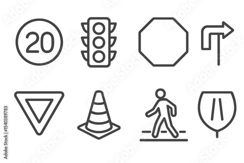 Road Symbol Icons. Line style icons of road symbols: speed limit, traffic light, stop sign, detour arrow. yield sign, road cone,