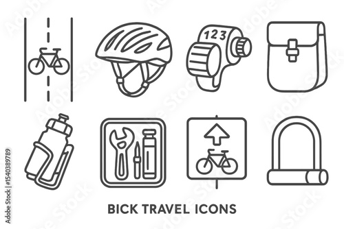 Bike Travel Icons. Line style icons of bike travel: bike lane, helmet, gear shifter, pannier. water bottle holder, repair kit,