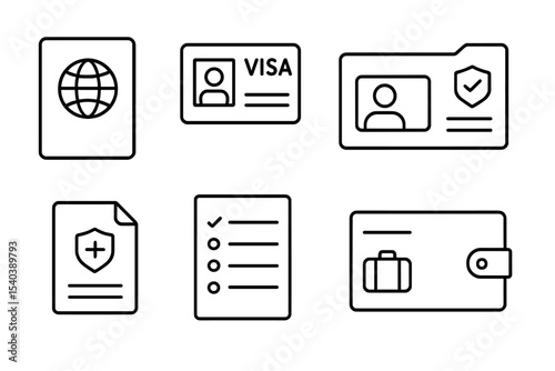 Travel Document Icons. Line style icons of travel documents: passport, visa, ID card, vaccination card. travel insurance,