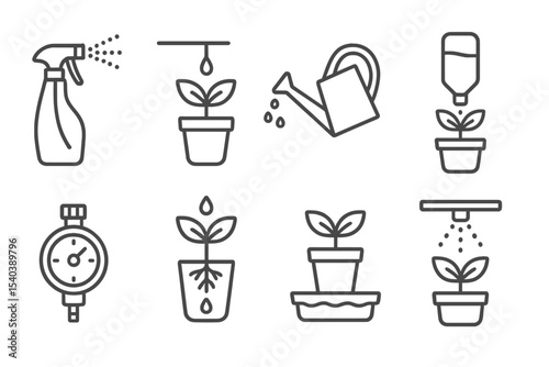 Watering Method Icons. Line style icons of watering methods: misting spray, drip irrigation, watering can, bottle drip. automatic