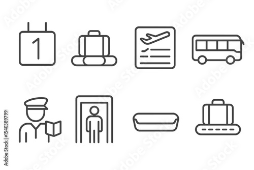 Airport Icons Collection. Line style icons of airport symbols: gate number, baggage claim, arrivals board, airport bus. customs