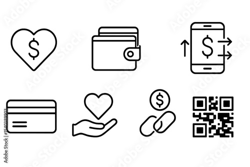 Digital Donation Icons. Line style icons of digital donation: heart with dollar, online wallet, donation button, phone transfer.
