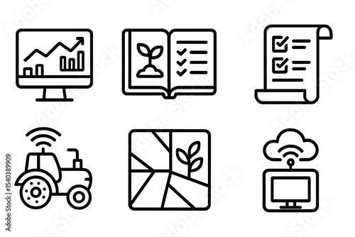 Farm Management Icons. Line style icons of farm management systems: dashboard chart, crop log, task manager, expense record.