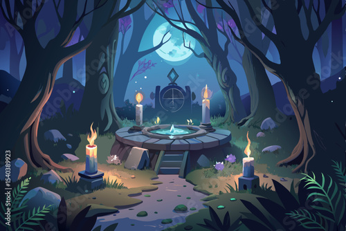 Dark forest nature vector illustration with a magic lamp illuminating a fantasy fairy tale castle scene