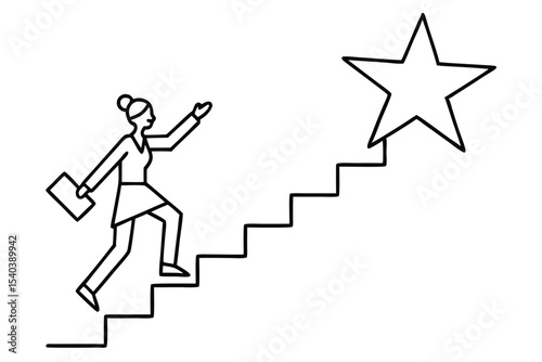 businesswoman climb up stair to the top to reaching to grab precious star reward line art vector illustration