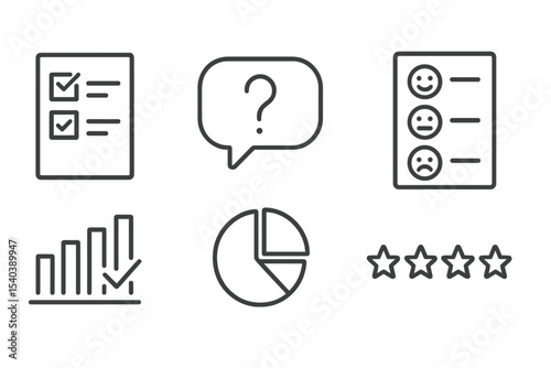 Virtual Survey Icons. Line style icons of virtual surveys and reports: survey sheet, question icon, feedback form, data chart.