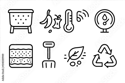 Smart Composting Icons. Line style icons of smart composting: compost bin, organic matter, temperature sensor, moisture gauge.