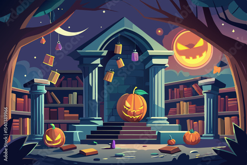 Spooky Halloween night background with pumpkins, bats, and a haunted house, perfect for an autumn holiday celebration