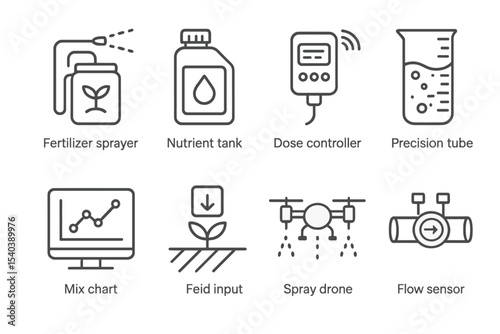 Smart Fertilizer Icons. Line style icons of smart fertilizer systems: fertilizer sprayer, nutrient tank, dose controller,