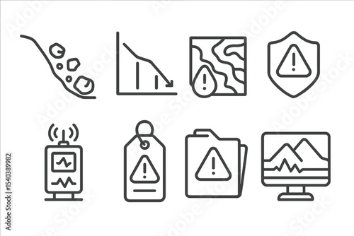 Ecological Disaster Icons. Line style icons of ecological disasters and response: landslide icon, slope collapse chart, mudflow